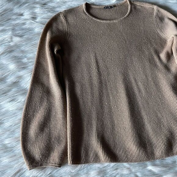 J. McLaughlin Wool Ribbed Blouson Sleeve Sweater in Tan - Picture 7 of 12